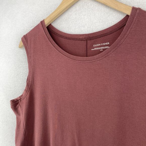 EILEEN FISHER Dress L Stretch Cotton Jersey Shift Tank Mini Sleeveless Brown USA - Picture 2 of 9